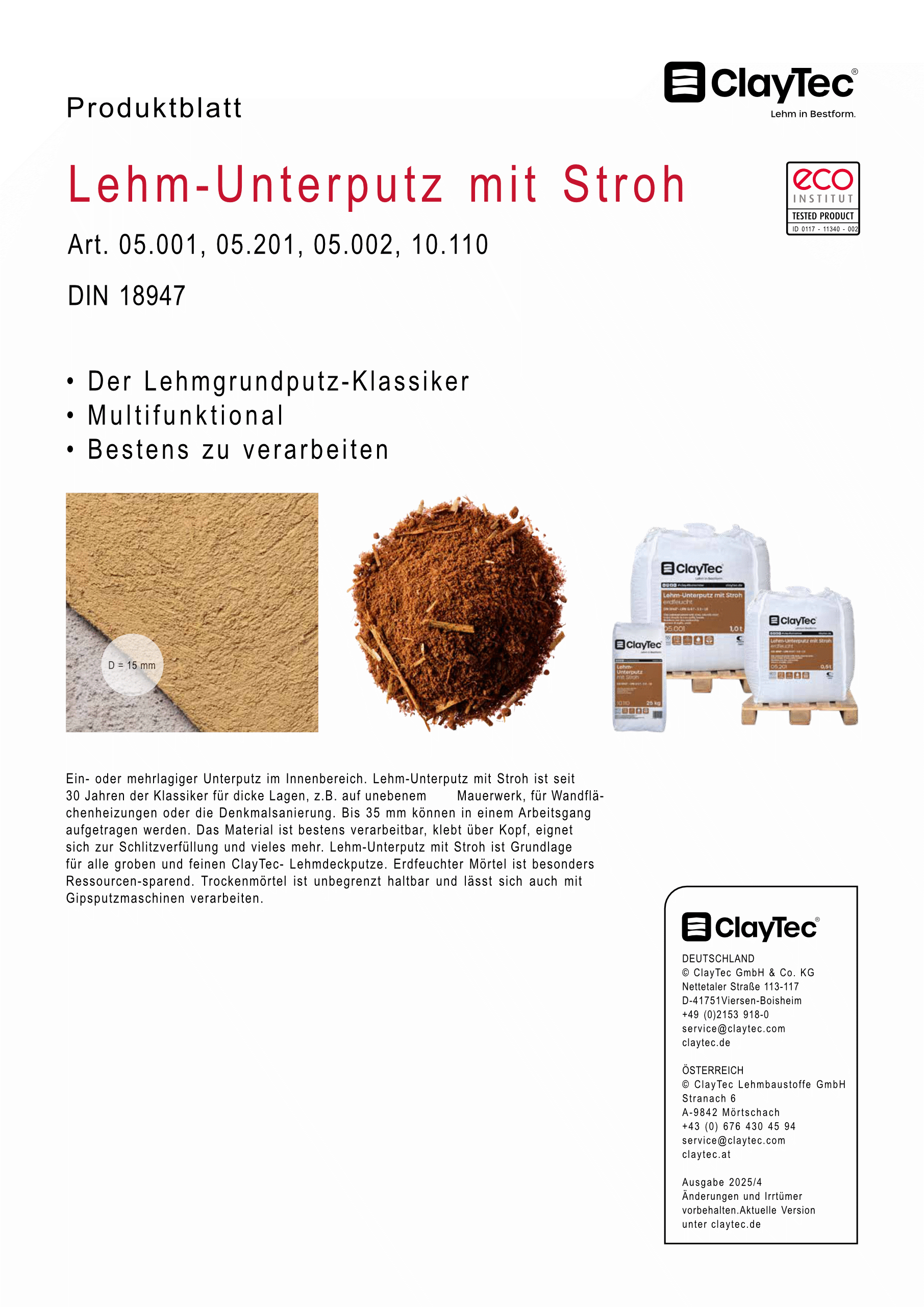 Lehm Unterputz mit Stroh 25kg