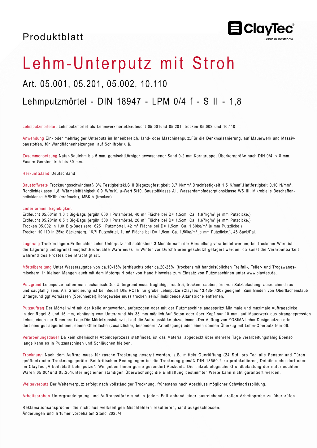 Lehm Unterputz mit Stroh 25kg