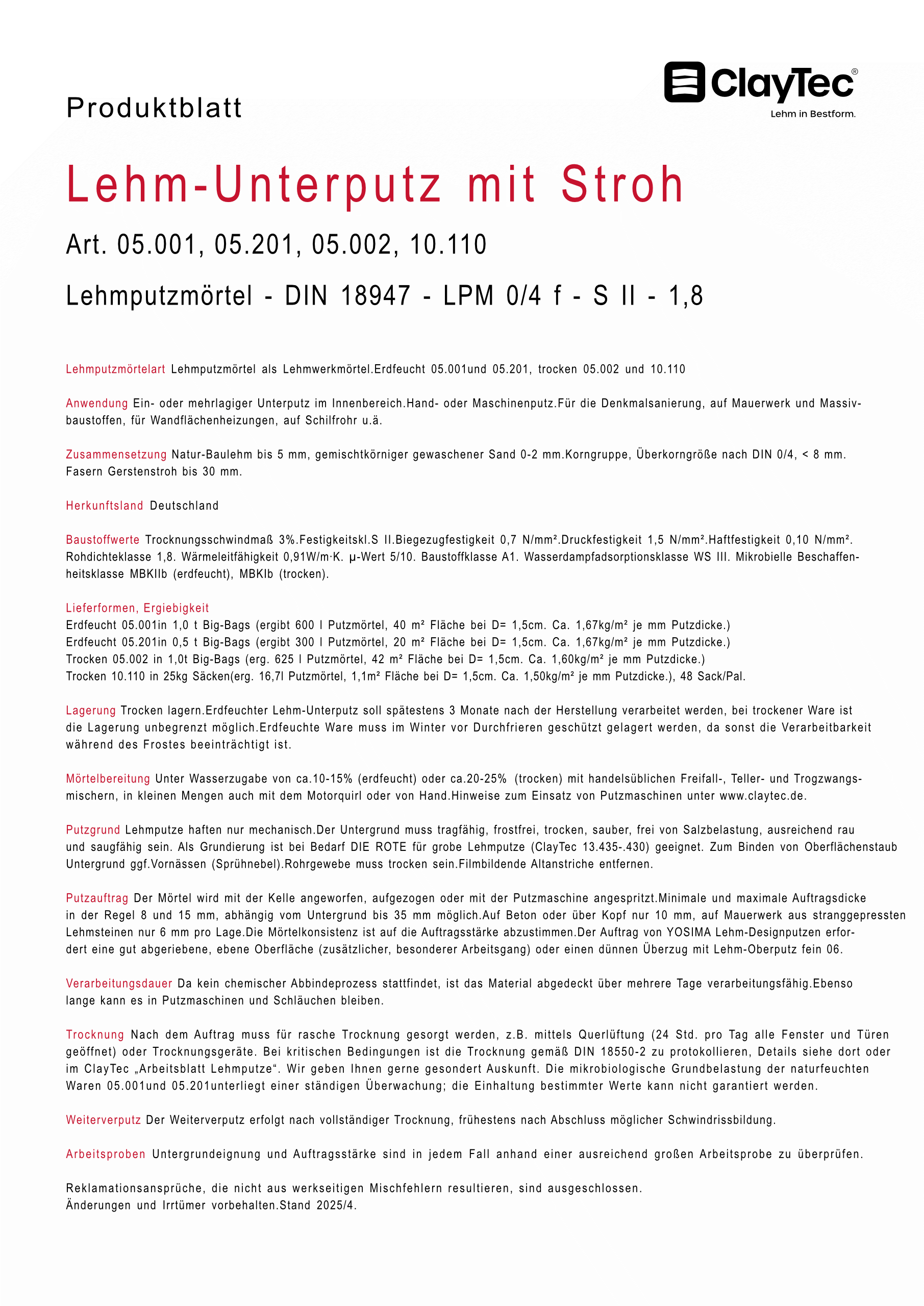 Lehm Unterputz mit Stroh 25kg